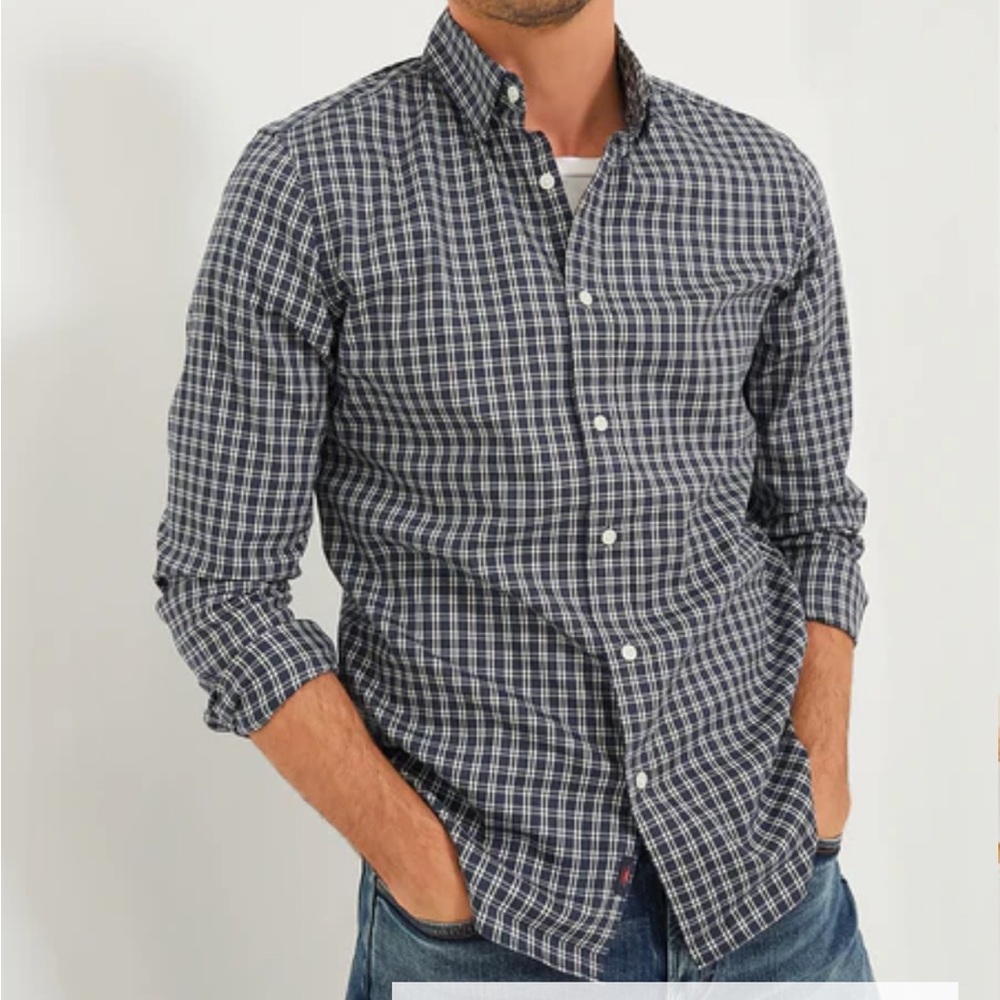 Faherty Navy and White Check Plaid Casual Shirt Movement Medium Mens Button Down